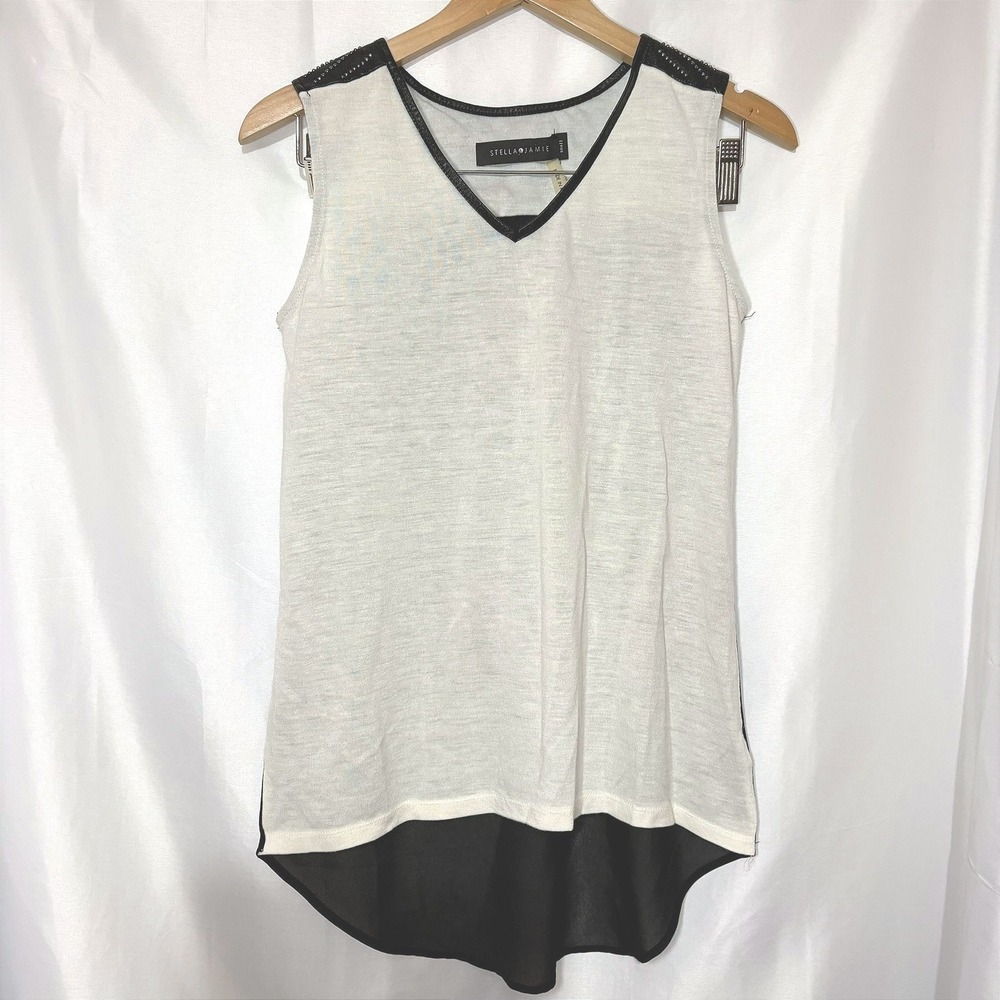 Stella & Jamie Ivory Black Studded Leather Yoke Sheer High Low Tank Top Small‎